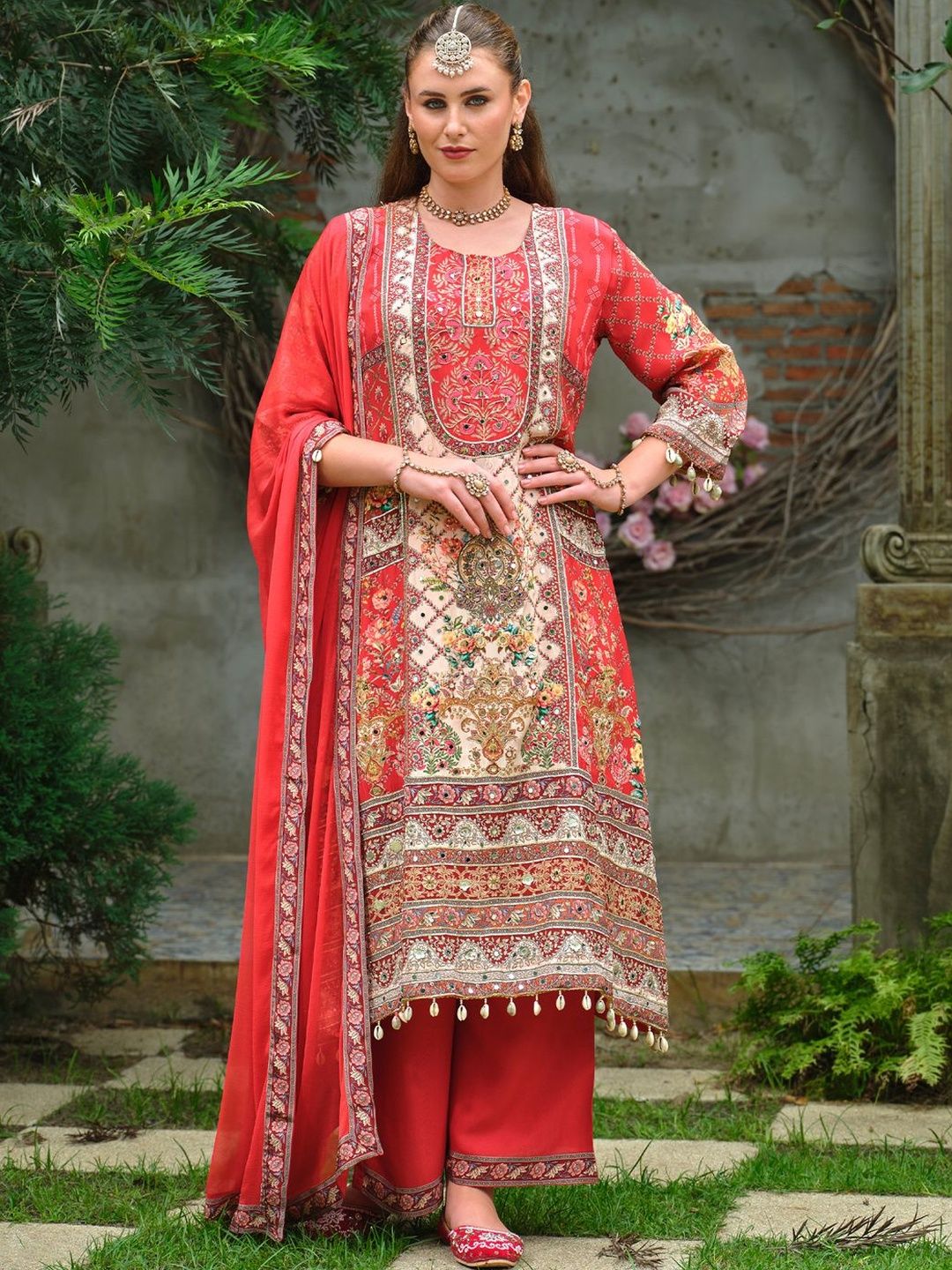 Ethnic Motifs Printed Mirror Work Pure Silk A-Line Kurta & Palazzos With Dupatta