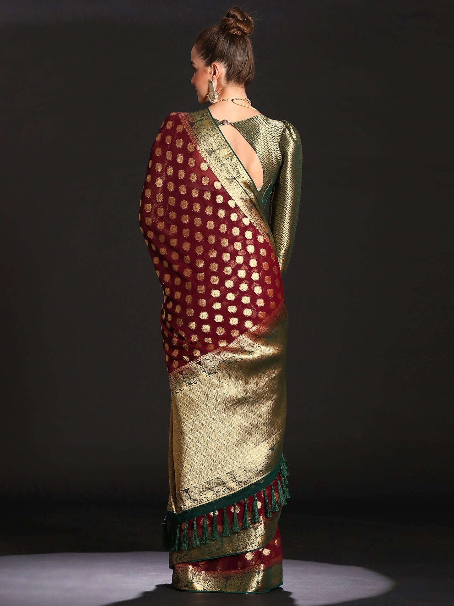 Women's Georgette Burgundy Woven Design Designer Saree With Blouse Piece