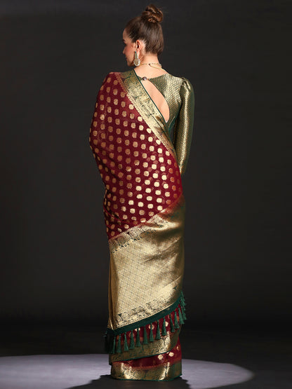 Women's Georgette Burgundy Woven Design Designer Saree With Blouse Piece