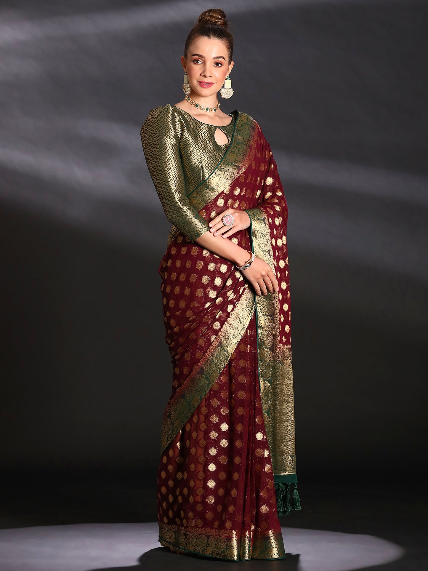 Women's Georgette Burgundy Woven Design Designer Saree With Blouse Piece