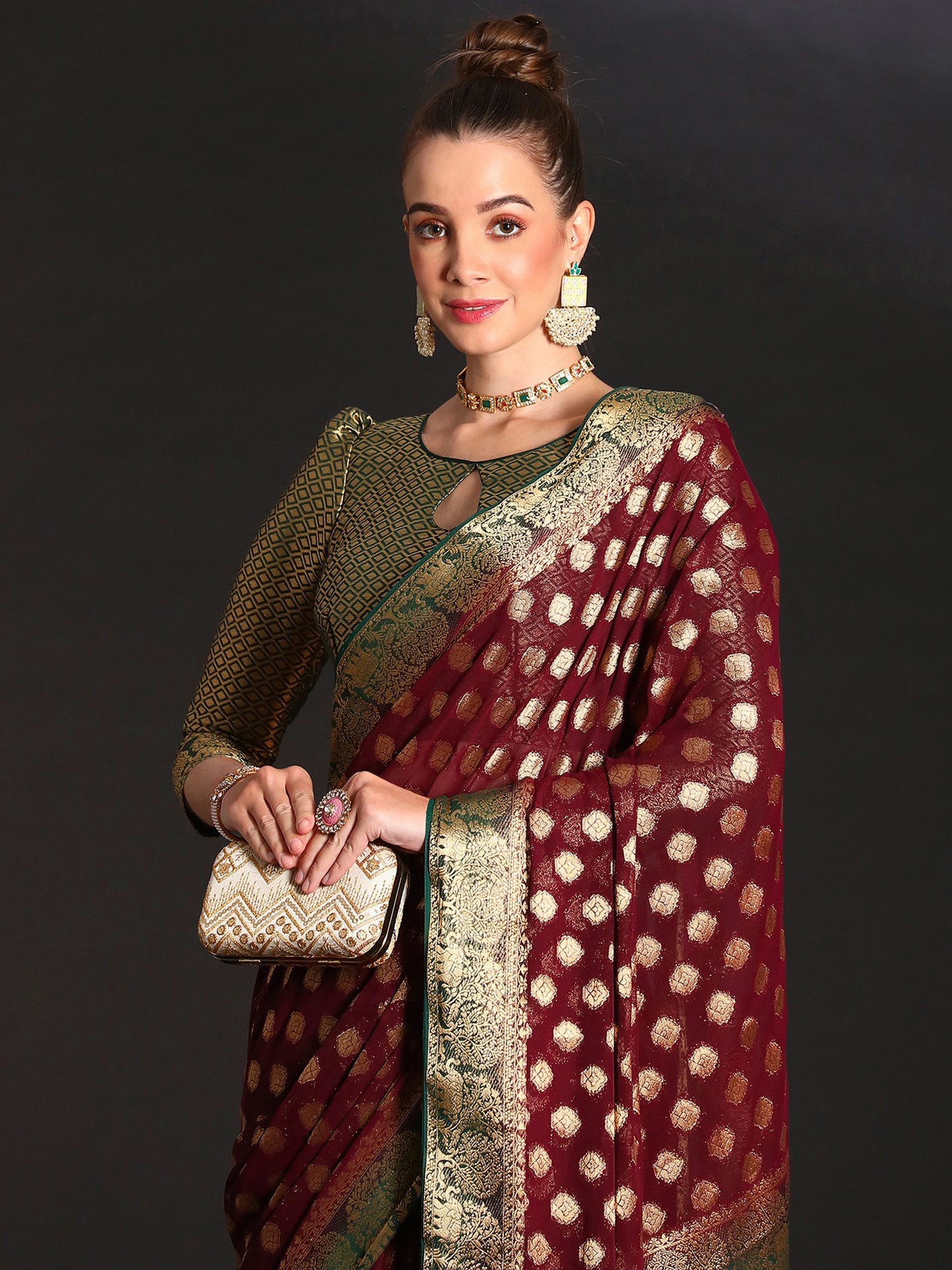 Women's Georgette Burgundy Woven Design Designer Saree With Blouse Piece