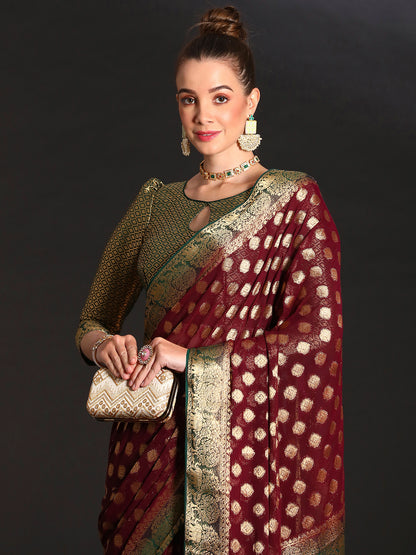 Women's Georgette Burgundy Woven Design Designer Saree With Blouse Piece