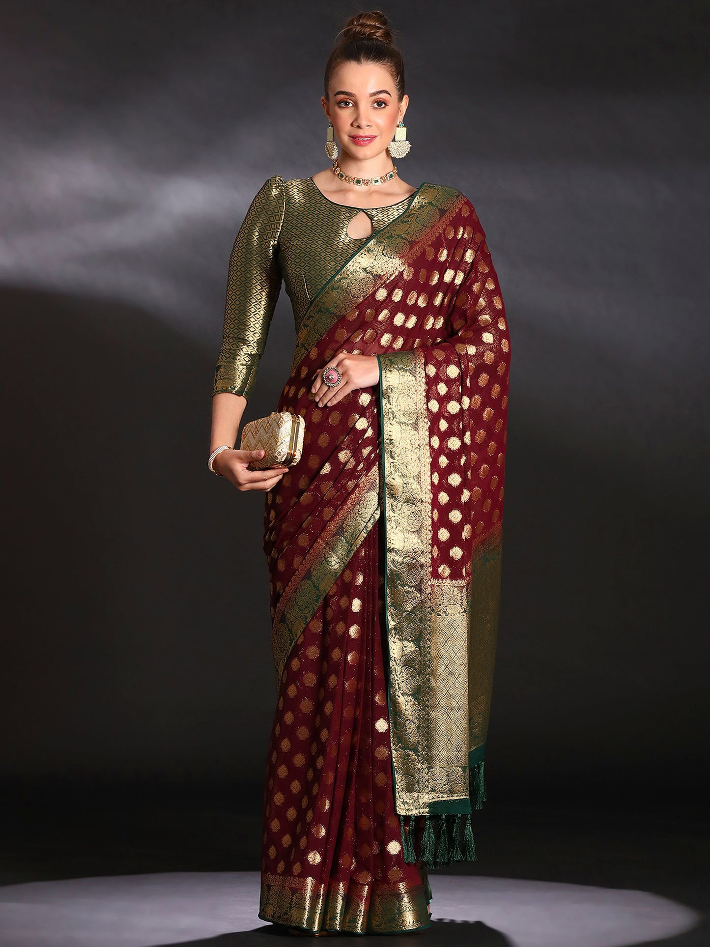 Women's Georgette Burgundy Woven Design Designer Saree With Blouse Piece