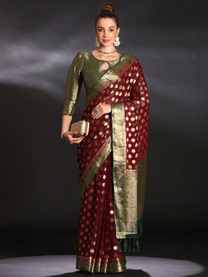 Women's Georgette Burgundy Woven Design Designer Saree With Blouse Piece