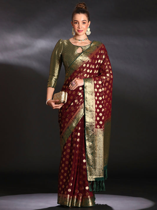 Women's Georgette Burgundy Woven Design Designer Saree With Blouse Piece