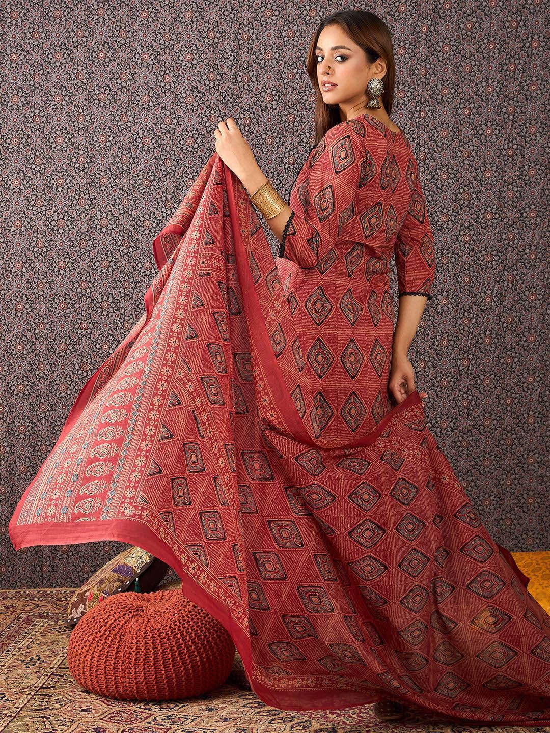 Geometric Printed Mirror Work Pure Cotton Kurta With Trousers & Dupatta