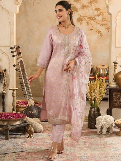 Ethnic Motifs Woven Design Zari Straight Kurta With Trousers & Dupatta