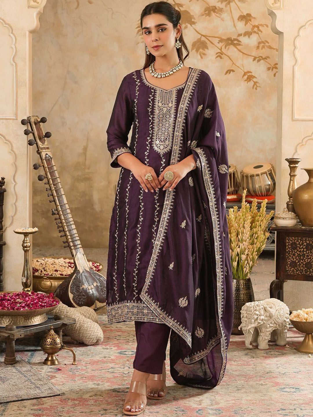 Women Embroidered Straight Kurta Trousers With Dupatta Set