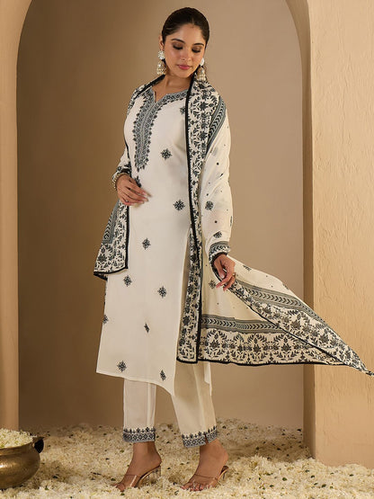 Dhiyona IE Women's Women Ethnic Motifs Pure Cotton Kurta with Trousers & With Dupatta Kurta Sets