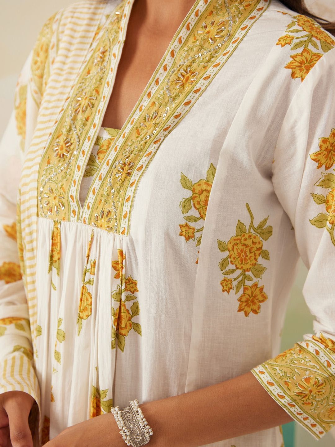 Floral Printed Pleated Beads and Stones Pure Cotton Kurta With Trousers & Dupatta