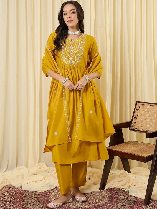 Women Ethnic Motifs Embroidered Tiered Thread Work Kurta with Trousers & With Dupatta