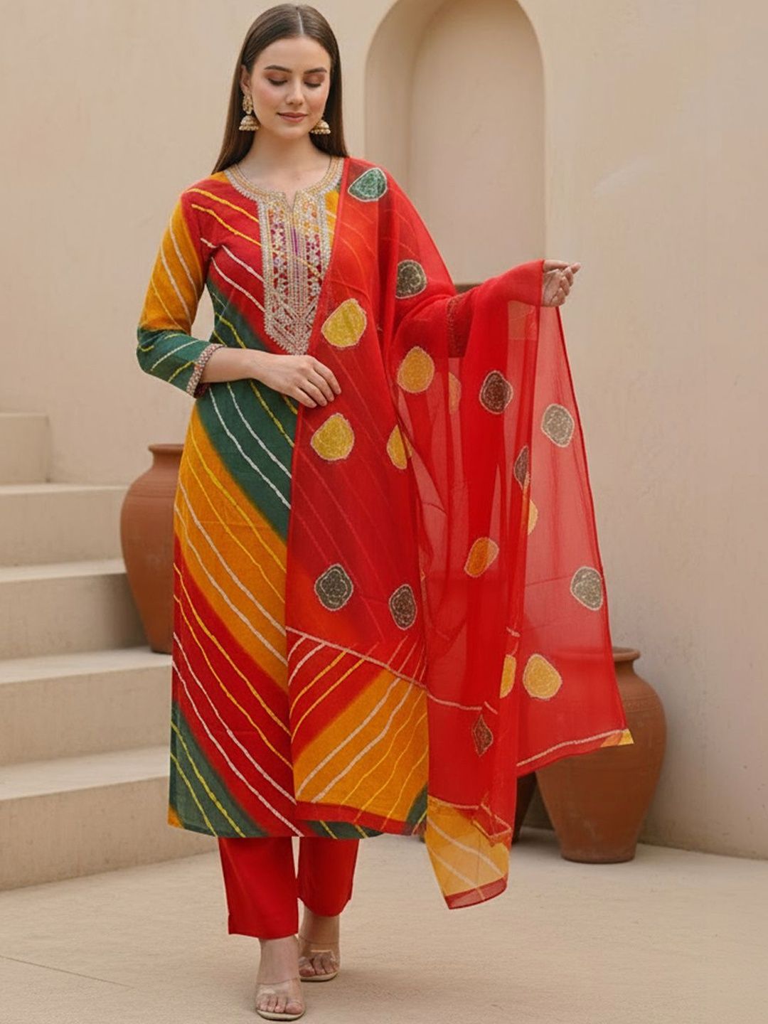 Women Leheriya Printed Regular Thread Work Kurta with Trousers & With Dupatta