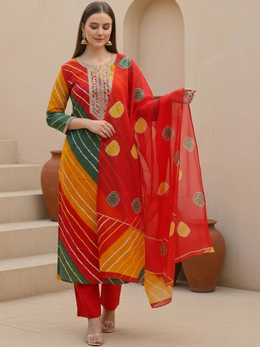 Women Leheriya Printed Regular Thread Work Kurta with Trousers & With Dupatta