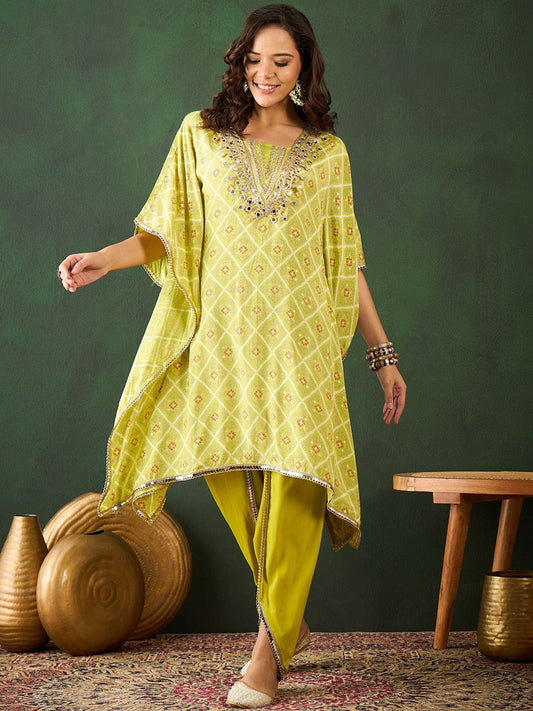 Dhiyona SN Women's Green Bandhani Printed Gotta Patti Asymmetric Kaftan With Dhoti Pant