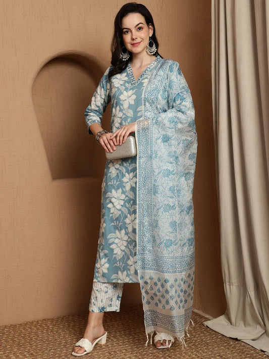 Dhiyona SN Women's Floral Printed Straight Kurta With Trouser & Dupatta