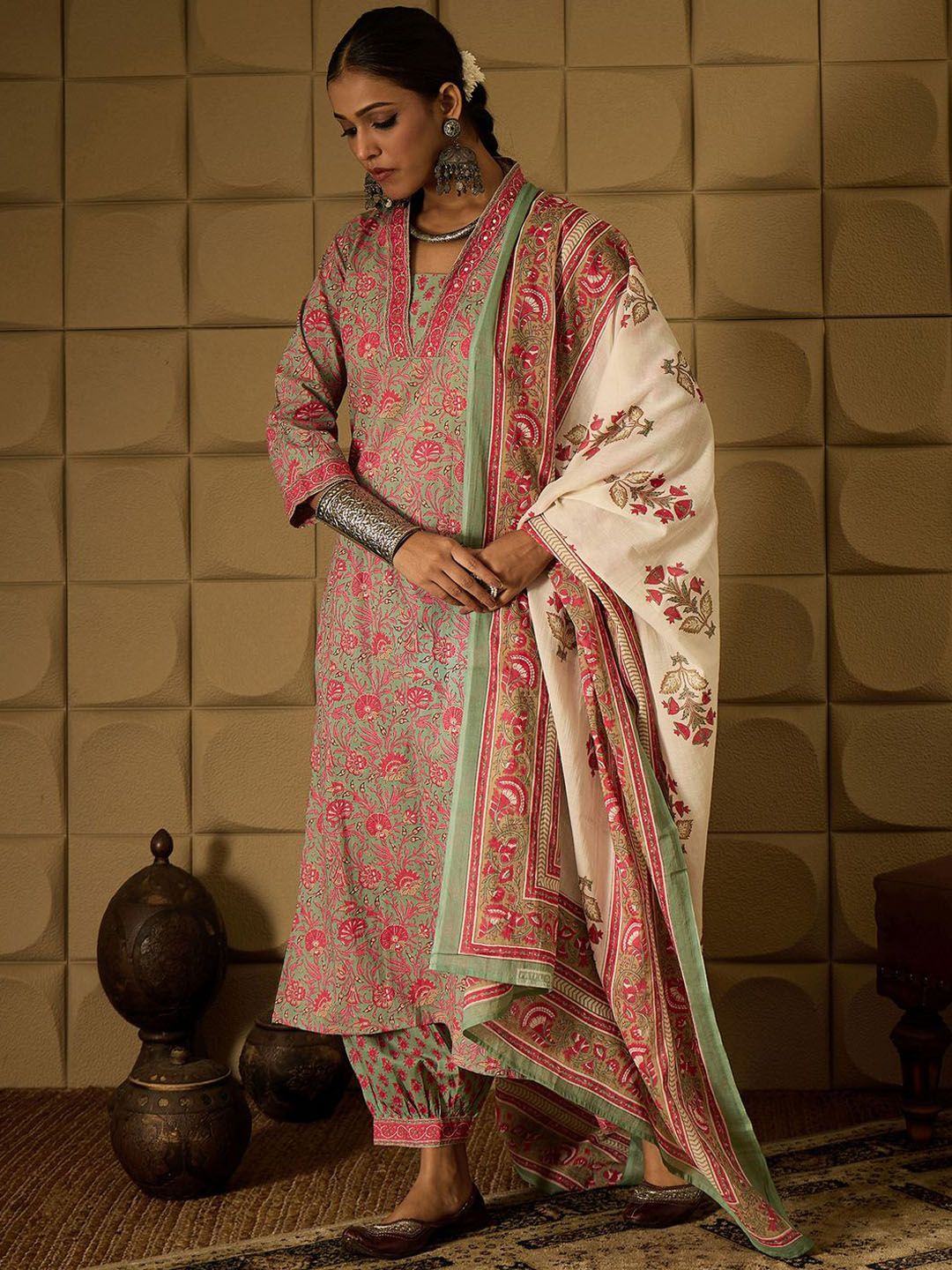Dhiyona IE Floral Printed Pure Cotton Straight Kurta with Salwar & Dupatta