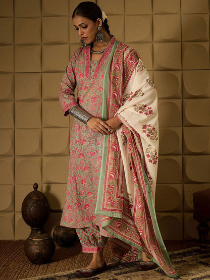 Dhiyona IE Floral Printed Pure Cotton Straight Kurta with Salwar & Dupatta