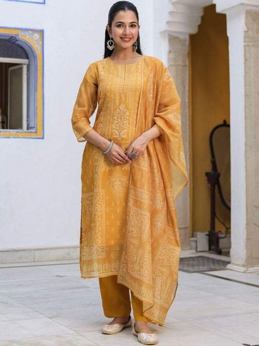 Dhiyona RR Women's Ethnic Motifs Printed Chanderi Cotton Kurta With Trousers & Dupatta