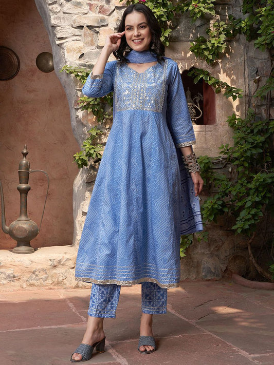 Dhiyona SN Women's Blue Bandhani Printed V Neck Pure Cotton Anarkali Kurta With Trouser And Dupatta