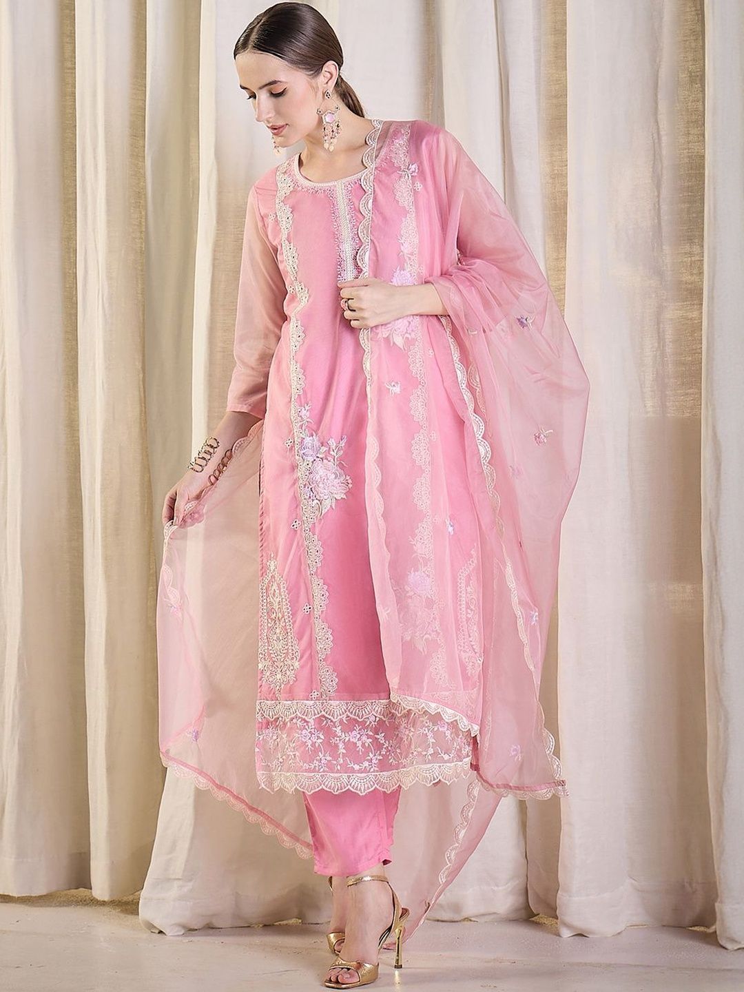 Women Ethnic Motifs Embroidered Kurta with Trousers & With Dupatta
