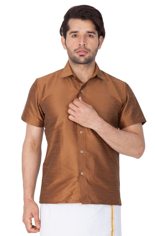 Men's Coffee Silk Blend Straight Ethnic Shirt
