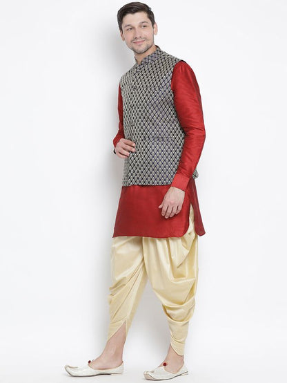 Men's Maroon Silk Blend Straight Jacket  Kurta and Dhoti Set