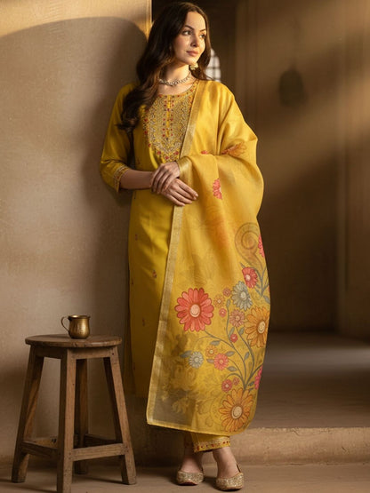 Floral Embroidered Thread Work Straight Kurta With Trousers & Dupatta