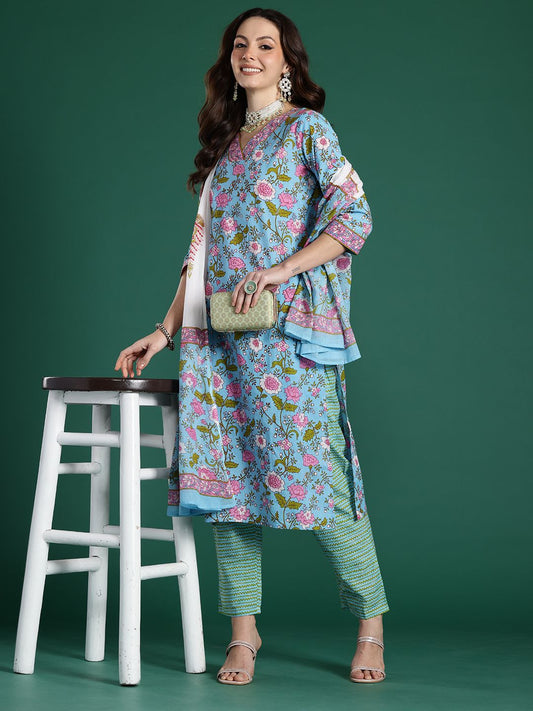 Dhiyona IE Floral Printed Mirror Work Pure Cotton Kurta With Trousers & Dupatta