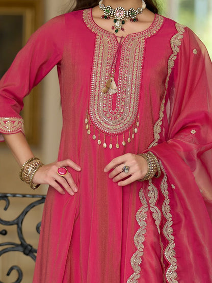 Embroidered Notch A-Line Kurta With Trousers & Dupatta