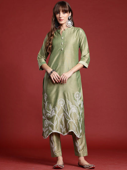 Dhiyona IE Floral Embroidered Mandarin Collar Straight Tunic And Trousers