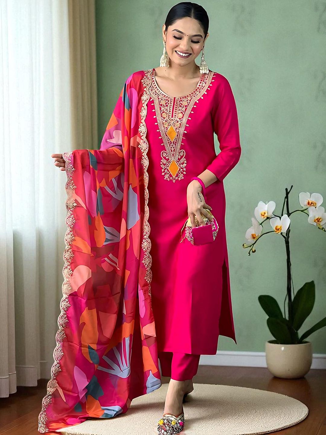 Dhiyona SN Women's Embroidered Calf Length Regular Straight Kurta Pyjama & Dupatta