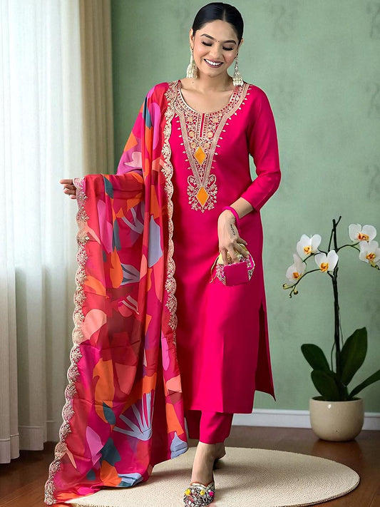 Dhiyona SN Women's Embroidered Calf Length Regular Straight Kurta Pyjama & Dupatta