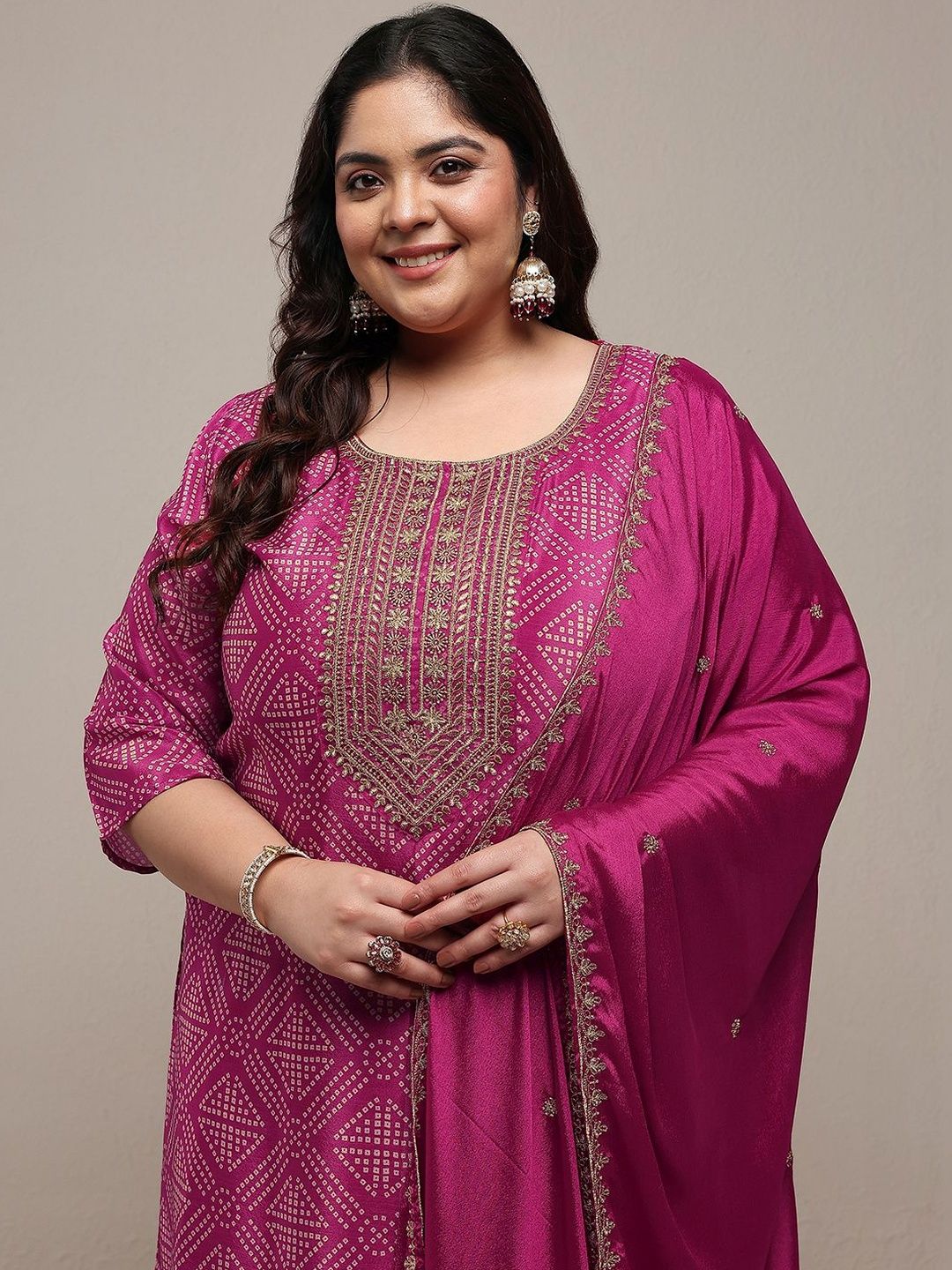 Dhiyona Women's Plus Size Ethnic Motifs Printed Kurta with Palazzos & With Dupatta