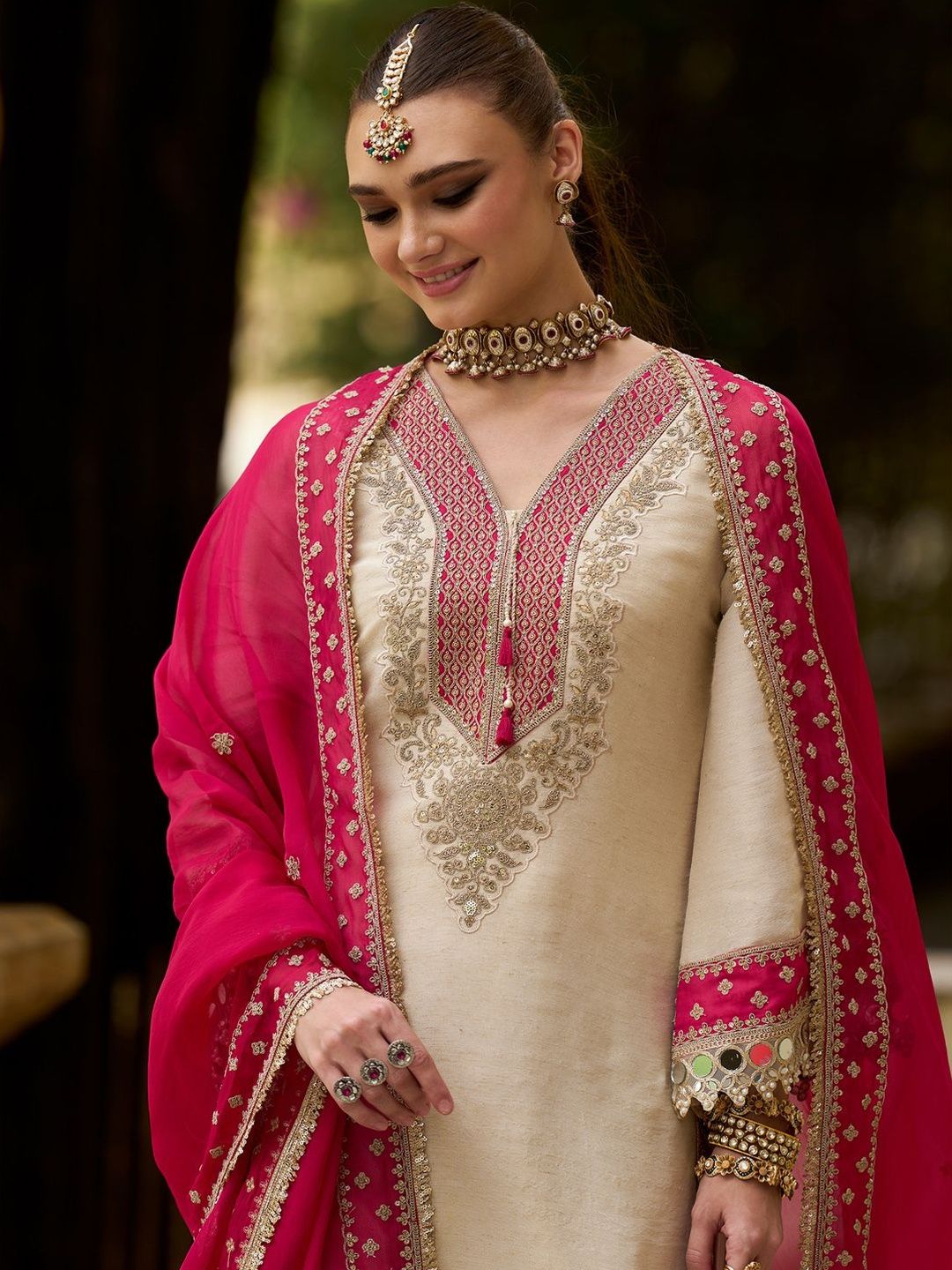 Ethnic Motifs Embroidered V-Neck Mirror Work Kurta With Trousers & Dupatta