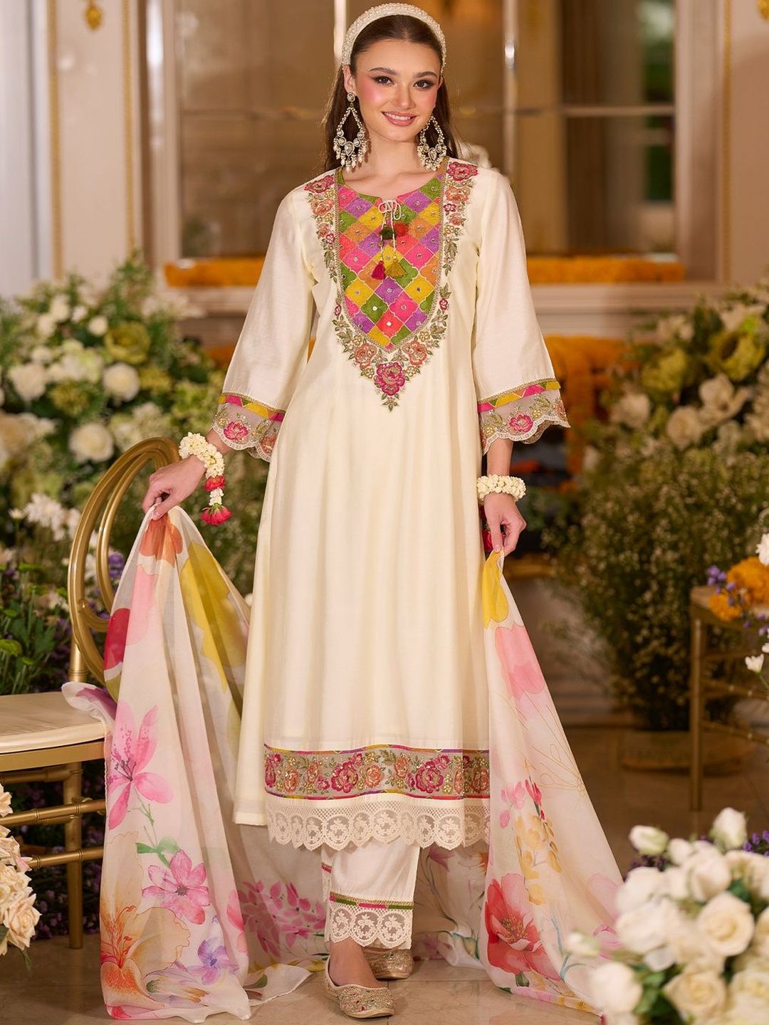 Floral Embroidered A-Line Tie-Up Neck Thread Work Kurta With Trousers & Dupatta