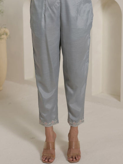 Floral Embroidered Thread Work Organza Straight Kurta & Trousers With Dupatta