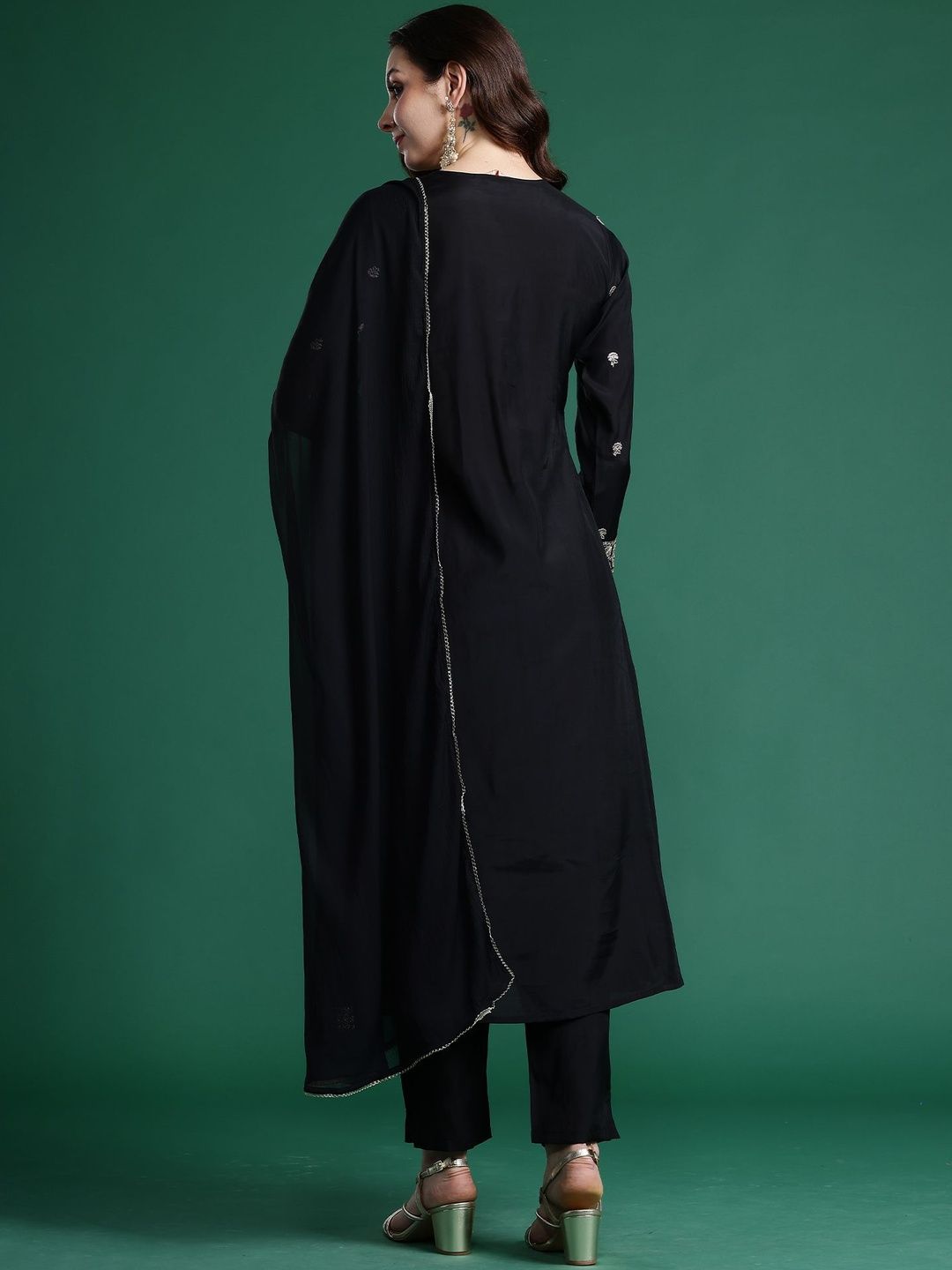 Ethnic Motifs Embroidered Angrakha Thread Work Kurta with Trousers & Dupatta