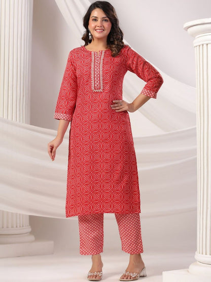 Women Bandhani Printed Regular Thread Work Pure Cotton Kurta with Trousers & With Dupatta