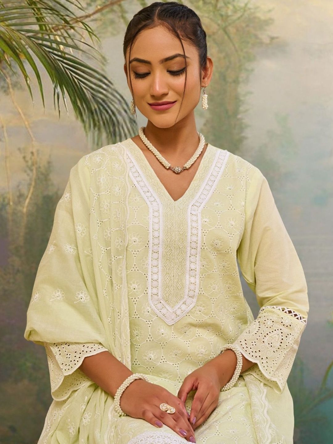 Dhiyona IE Women Ethnic Motifs Embroidered Regular Chikankari Pure Cotton Kurta with Trousers & With Dupatta