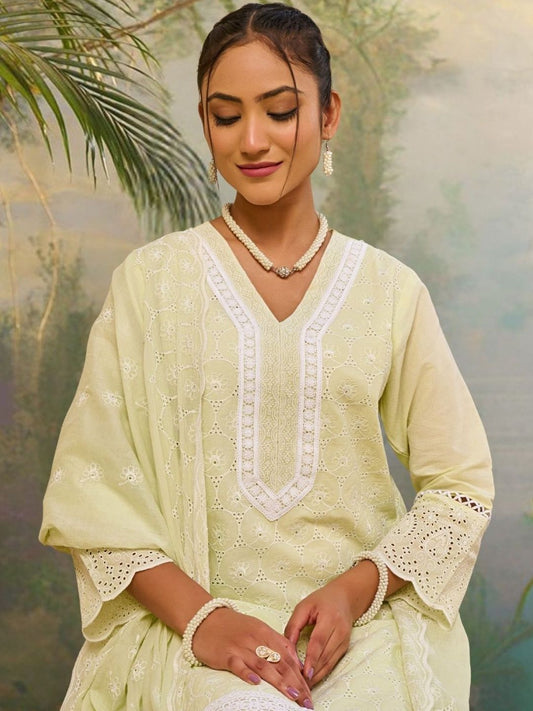 Women Ethnic Motifs Embroidered Regular Chikankari Pure Cotton Kurta with Trousers & With Dupatta