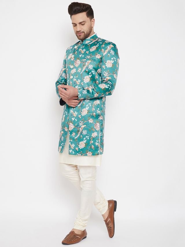 Men's Cream Silk Blend Straight Sherwani Set