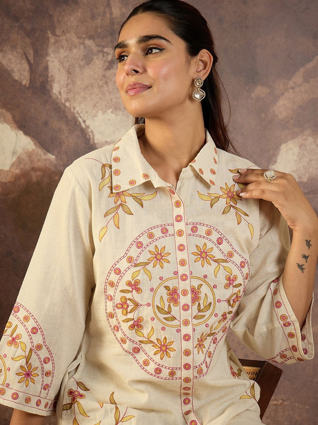 Dhiyona IE Embroidered Shirt Collar Pure Cotton Tunic With Trousers