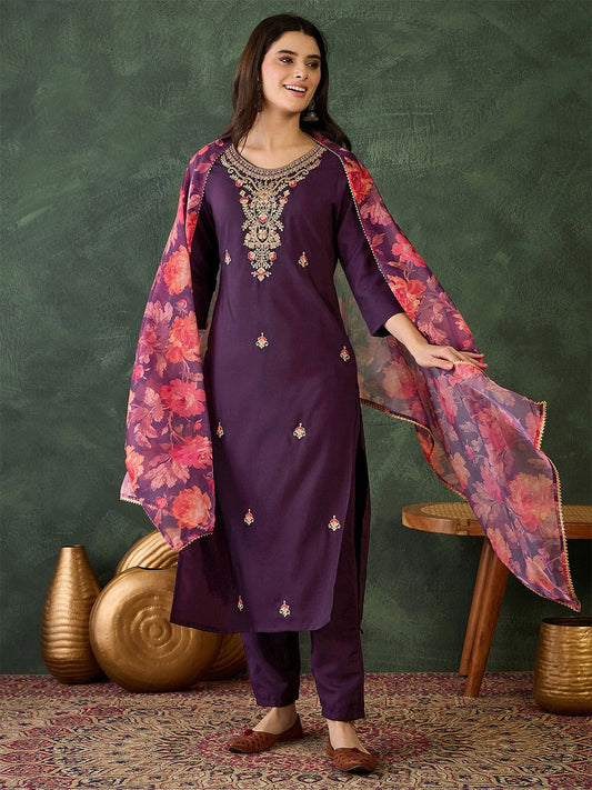 Dhiyona KL Women Embroidered Straight Kurta with Trousers & Dupatta