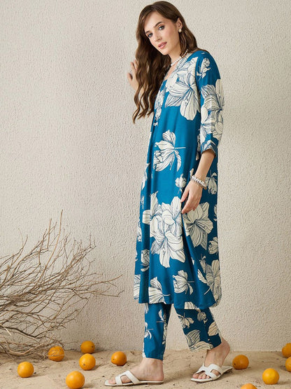 Dhiyona IE Floral Printed Square Neck Tunic With Trousers