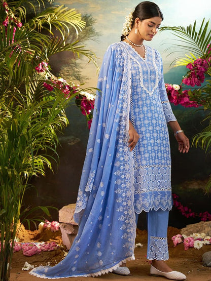Women Ethnic Motifs Embroidered Regular Thread Work Pure Cotton Kurta with Trousers & With Dupatta