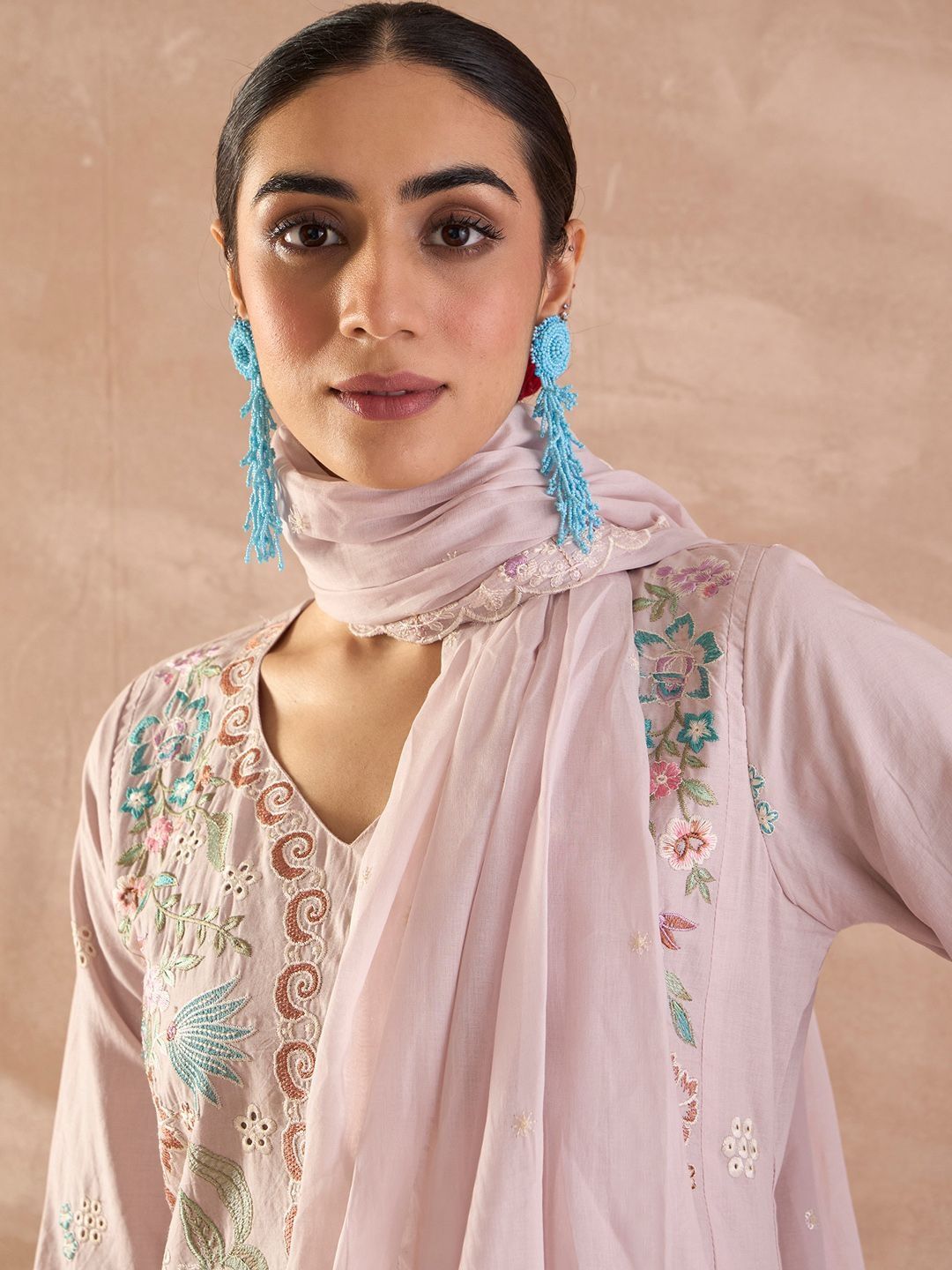 Floral Embroidered V-Neck Thread Work Pure Cotton Kurta With Trousers & Dupatta