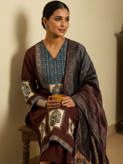 Ethnic Motifs Printed V-Neck Straight Kurta With Trousers & Dupatta