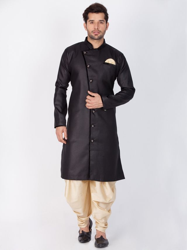 Men's Black Cotton Blend Regular Sherwani Set