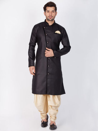 Men's Black Cotton Blend Regular Sherwani Set