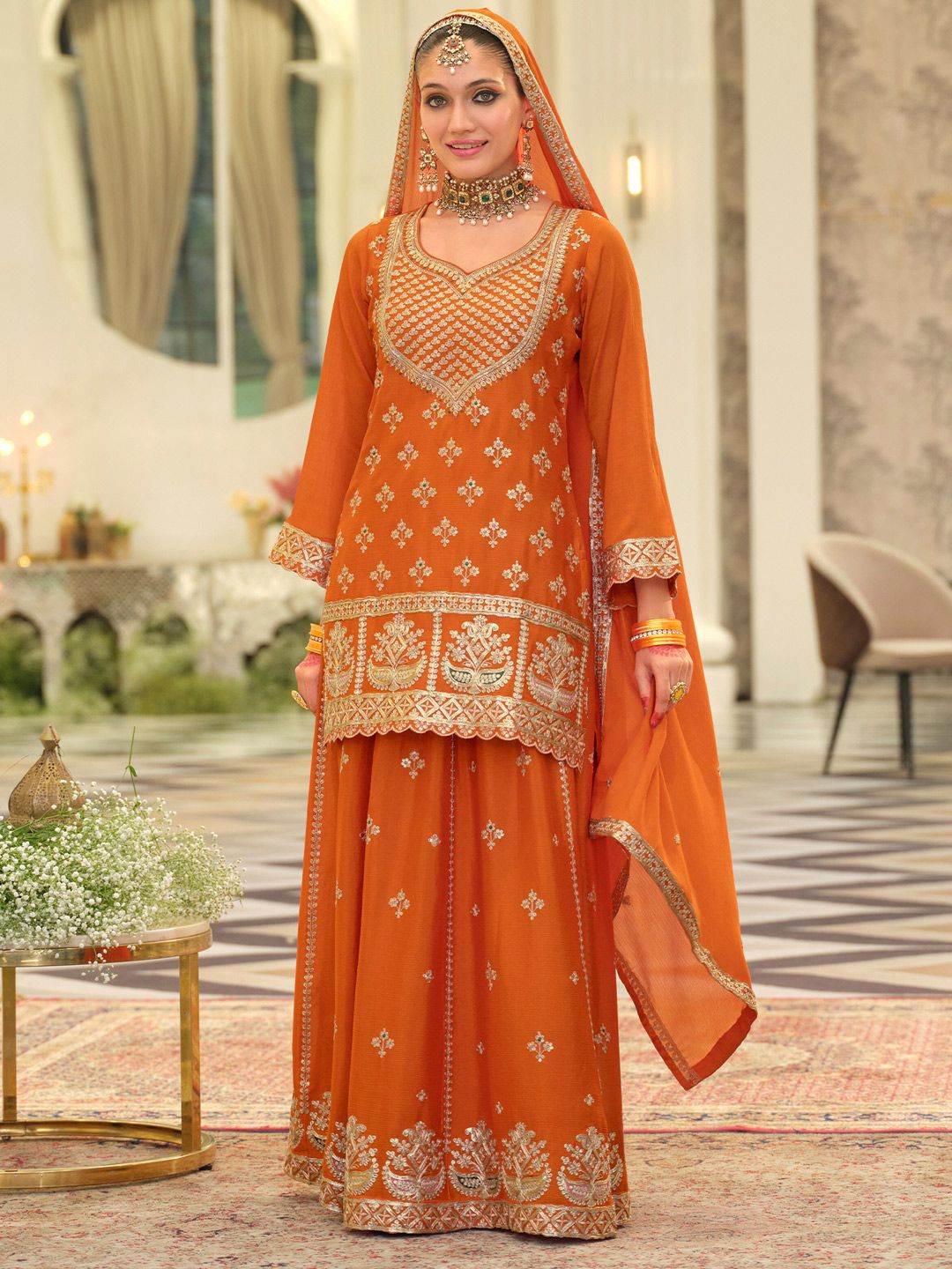 Dhiyona IE Women Ethnic Motifs Embroidered Kurta with Sharara & Dupatta